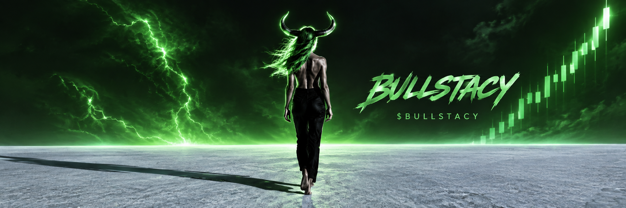 BullStacy walks toward a green horizon — horns glowing, lightning striking, candlesticks rising